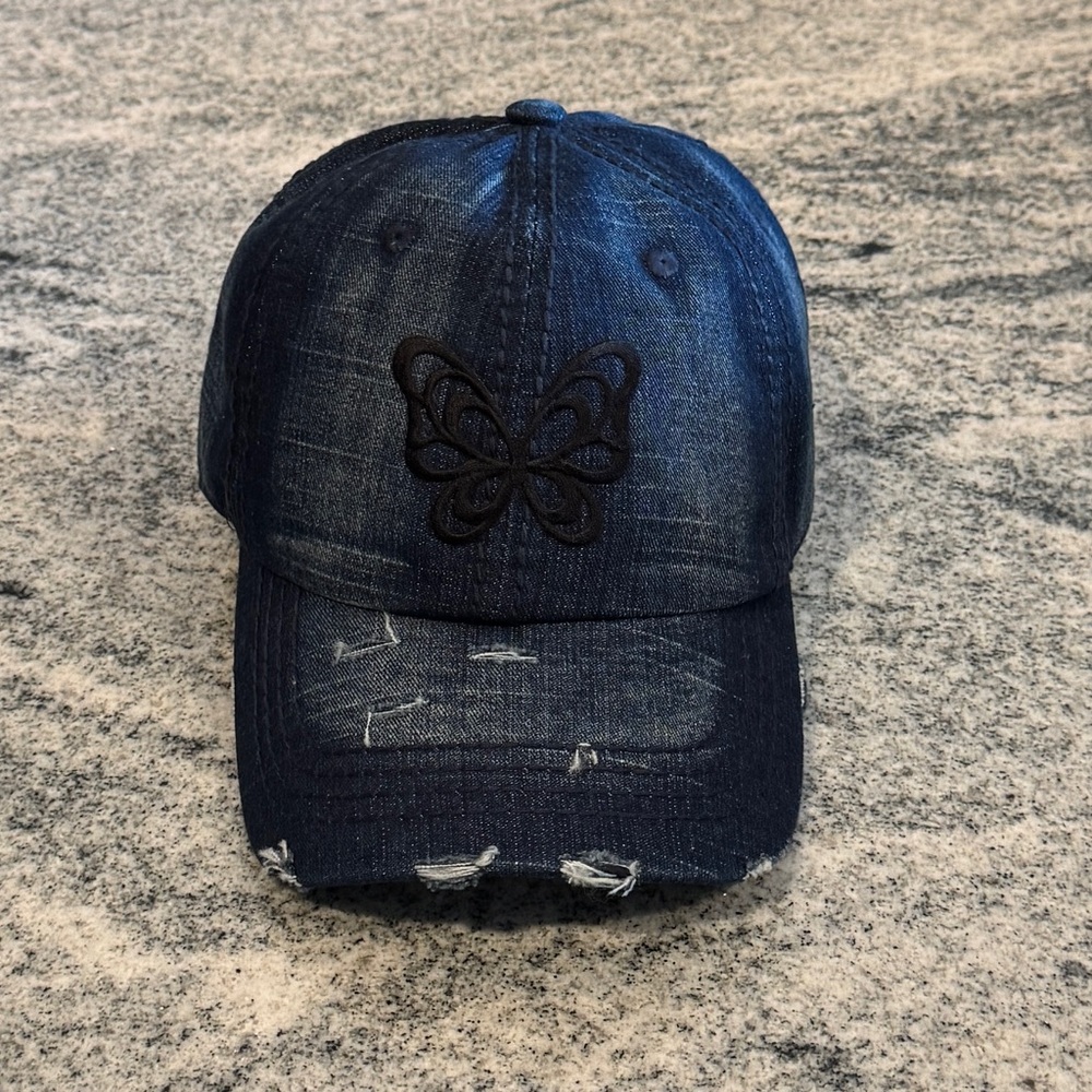 New Custom Designed Dark Blue Distressed Baseball Cap with Black Butterfly